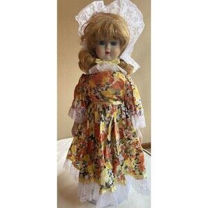 Doll Golden Blonde Curls Blue Eyes Yellow Floral‎ Lace Trim Dress Bonnet 13in